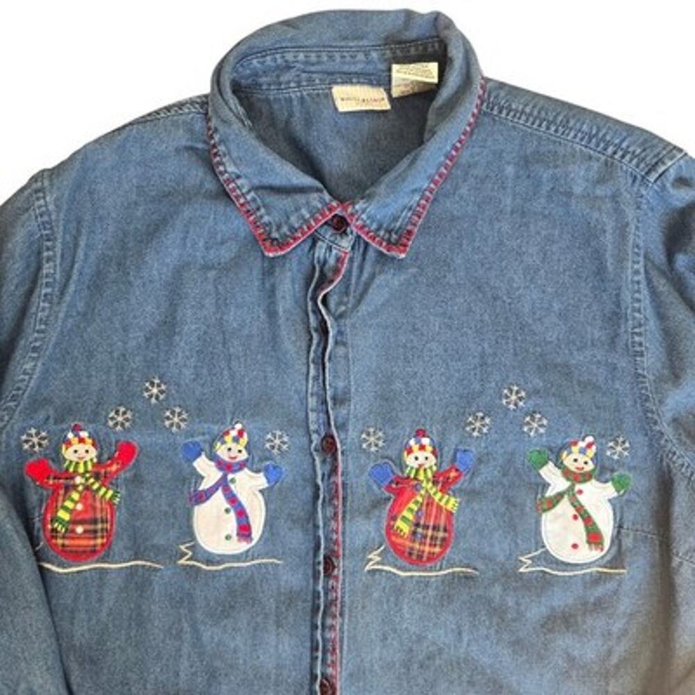 Vintage 90s Womens Christmas Snowman Denim Shirt Plus Size Festive 18W/20W